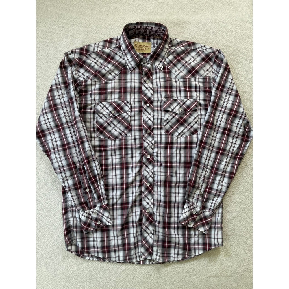 Cowboy Legend Men Large Shirt Burgundy Plaid Long Sleeve Pearl Snap Western Yoke